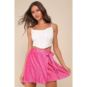 Lulus Cute Praise Hot Pink Plisse Satin Faux-wrap Mini Skort - Size M